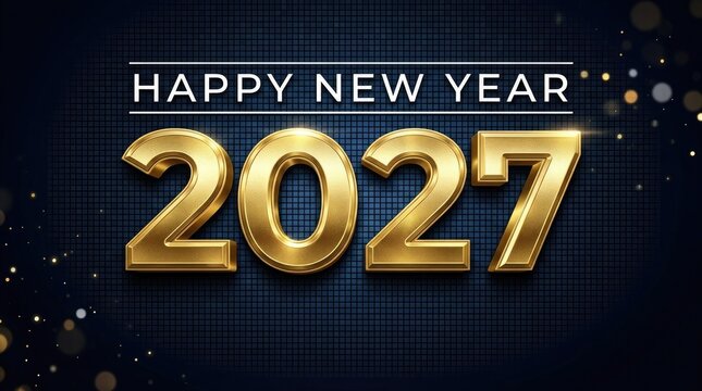 A stunning golden new year two thousand twenty seven celebration featuring sparkling lights against a dark blue backdrop for festive greetings and holiday wishes