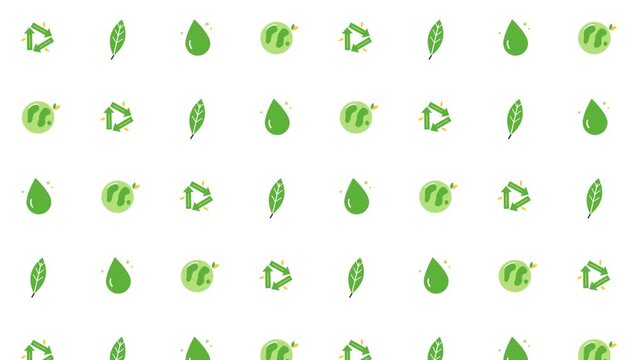 Lime green and white seamless loop pattern of recycling symbol, green leaf, water drop icons, flat design eco background