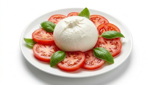 Fresh buffalo mozzarella served with red tomato slices and green basil on a plate isolated on white.