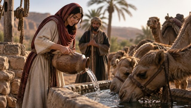 Rebekah is watering the camels, Bible story.