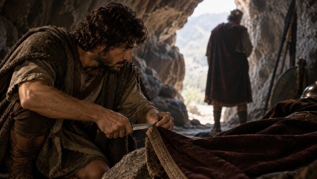 David cutting off a corner of King Saul's robe inside a cave.
