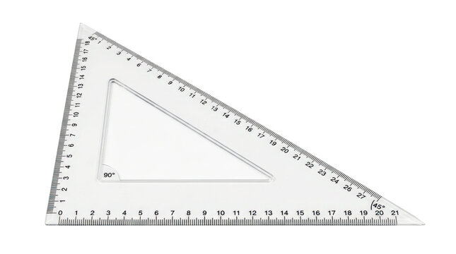 Set square ruler, single set-square ruler with right-angle triangular form, crisp measurement markings and transparent body, photorealistic, slightly top-down view, horizontal orientation,
