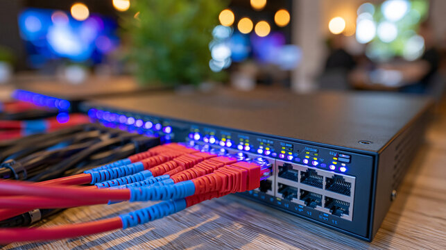 Close-up angled view of fiber optic cables connected to optical ports alongside UTP network cables plugged into Ethernet ports on a modern network switch, organized data center cabling, realistic co