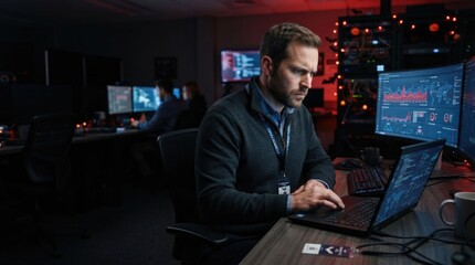 Fototapeta premium Focused Man Analyzing Data in a High-Tech Control Room
