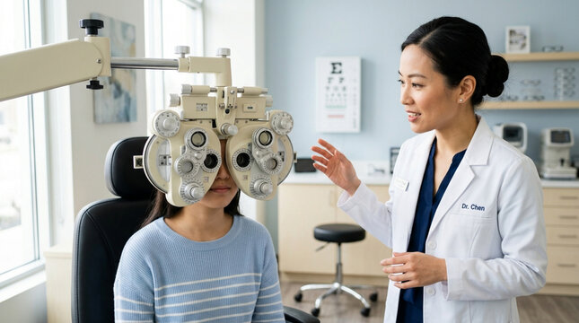Ophthalmologist examines patient with eye chart in modern clinic
