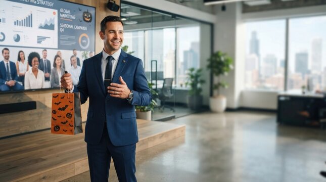 Professional Businessman Presenting Product in Modern Corporate Office