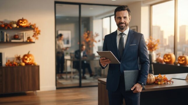 Professional Businessman Using Tablet in Modern Office Setting