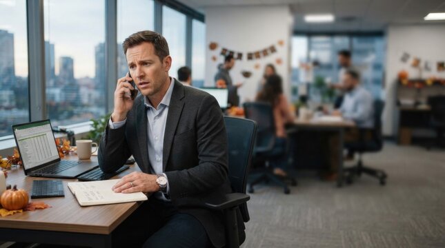 Professional Businessman Thinking on Phone in Modern Office