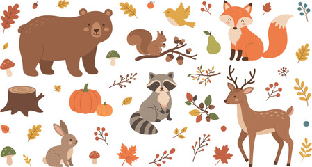 Obraz premium Cute Woodland Animals Vector Set with Autumn Leaves, Pumpkins, Bear, Fox, Deer, Raccoon, Squirrel, and Bunny for Nursery Designs and Fall Decor Illustrations