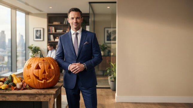 Professional Man Posing with Pumpkin in Modern Office Setting