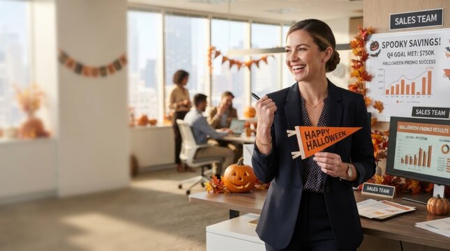 Professional Woman Celebrating Halloween in a Corporate Office