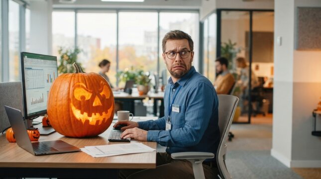 Professional Man Working at Desk with Autumn Pumpkin