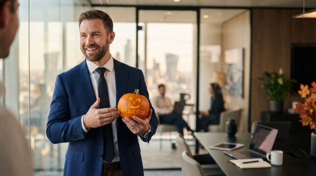 Smiling Businessman with Pumpkin in Modern City Office