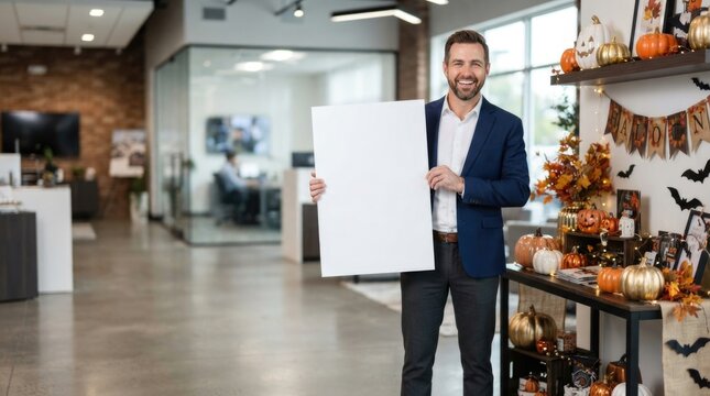Smiling Businessman Holding Blank Sign in Modern Office Lobby