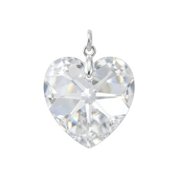 Heart shaped crystal pendant with silver bail, faceted glass diamond heart jewelry, elegant clear gemstone charm for necklace isolated on White Background