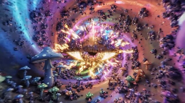 Open third eye with trippy psychedelic mushrooms in vibrant visuals