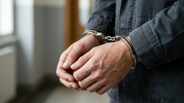 Handcuffed Man's Hands Held Behind Back - Crime, Arrest, Justice Concept