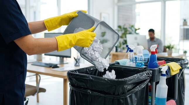 A professional cleaner in a modern office empties a small waste bin into a large trash container.