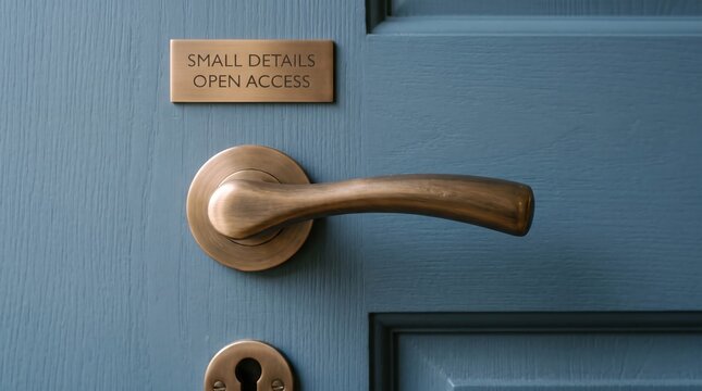 Brass door handle on a blue wooden door with a sign