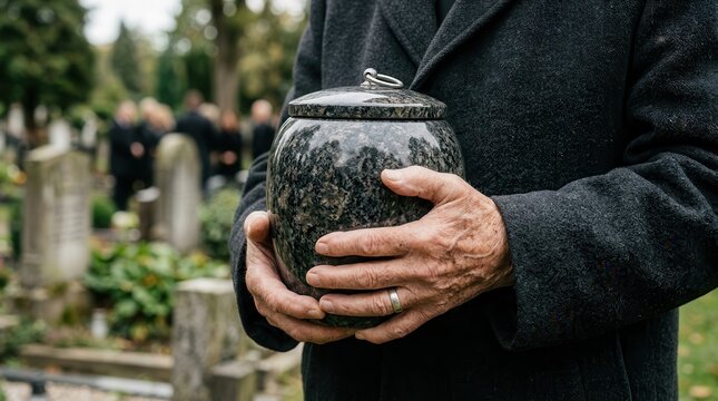 A person's hands holding a granite cremation urn at a funeral service.