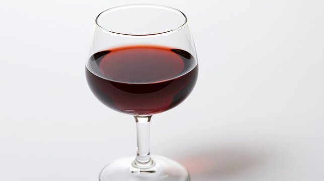 A burgundy-style wine glass half-filled with deep red wine on a white background
