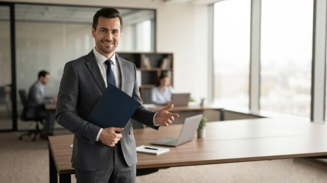 Confident Businessman Working at Desk in Modern Corporate Office