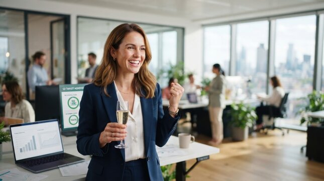 Confident Businesswoman Working at Desk Overlooking City Skyline