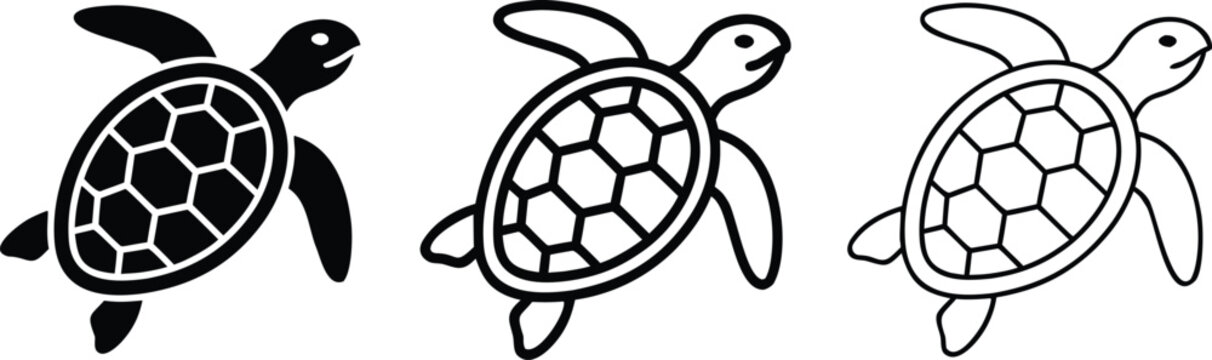 Sea Turtle Silhouette and Outline Vector Icon Set with Swimming Marine Reptile Tortoise Shell Glyphs for Ocean Wildlife Conservation Graphic Designs