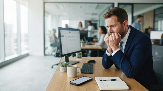 Contemplative businessman working on laptop in modern office