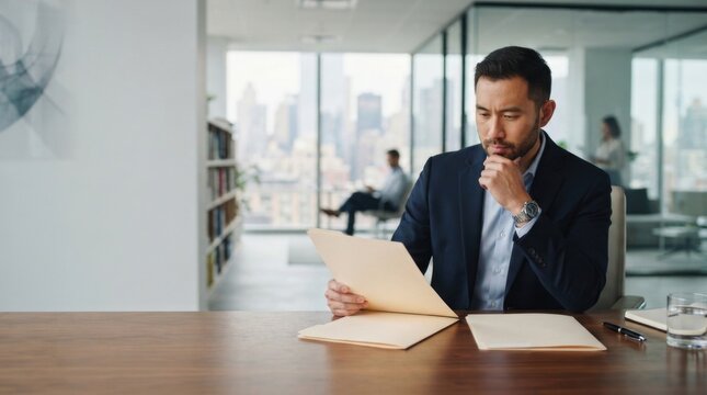 Focused Businessman Reviewing Documents in Modern Office