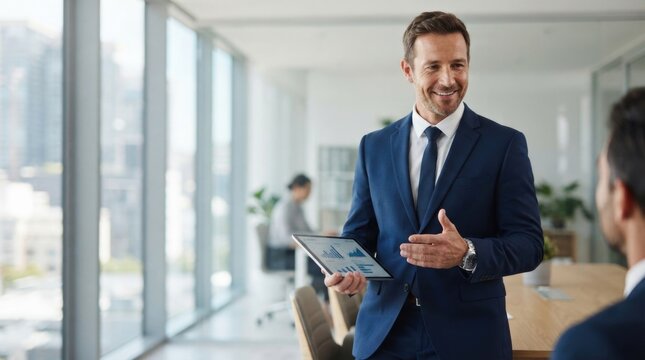 Professional Businessman Presenting Data on Tablet in Modern Office