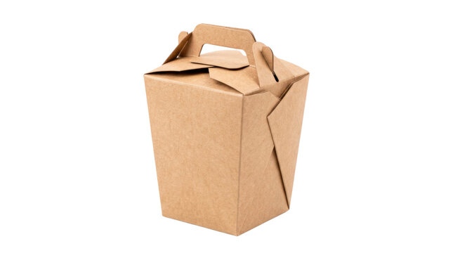 Noodle takeout box with folded paperboard construction, tapered rectangular body, interlocking top flaps, and a clean food-service packaging design. Photorealistic studio product photography, 3/4