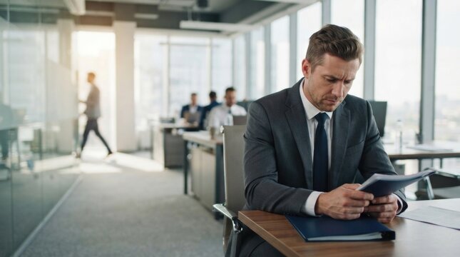 Professional Businessman Reviewing Documents in Modern Office