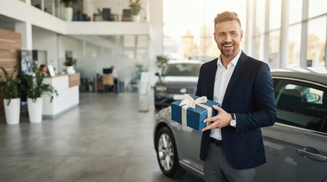 Professional Man Holding Gift Next to Luxury Car