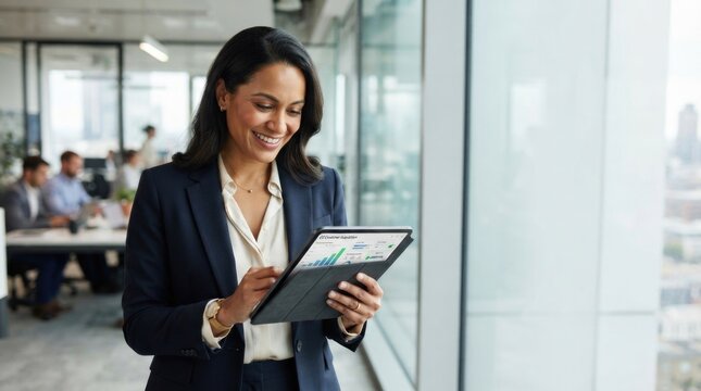 Professional Woman Reviewing Data on Tablet in Modern Office