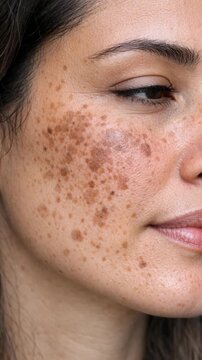 Extreme Close-up of a Woman's Face with Freckles and Pigmentation
