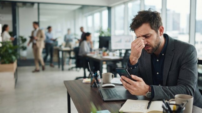 Stressed Businessman Checking Smartphone in Modern Office