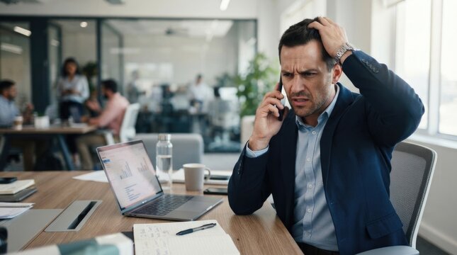 Stressed Businessman Talking on Phone in Modern Office