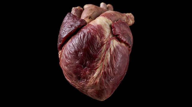 Anatomical human heart specimen isolated against black background