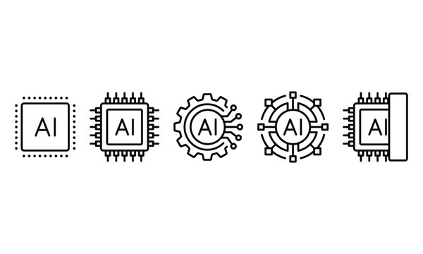Artificial Intelligence Chip Processor and Technology Line Icons Set Vector Illustration