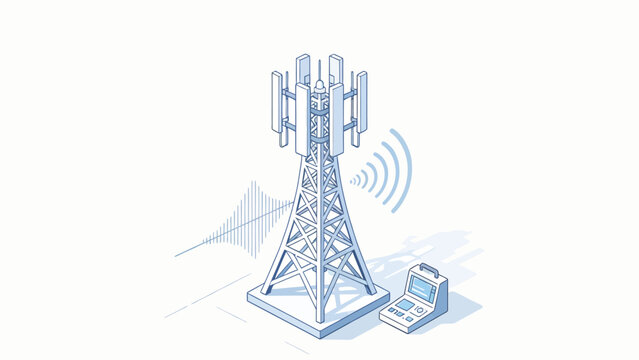 Isometric Illustration of a 5G Cell Tower Emitting Signal Waves with Control Panel, Blue and White Tech Theme