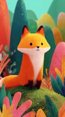Fototapeta premium Cute cartoon fox in vibrant forest, perfect for mobile wallpaper.