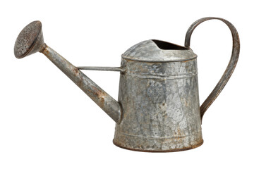 Old rusty metal watering can with a long spout and a curved handle, isolated on a clean white background © no one