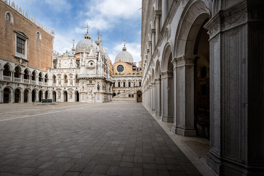Palazzo Ducale courtyard, Venetian architecture, Basilica di San Marco on sunny day, Venice, Italy