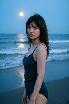 Portrait of an Asian girl on the seashore on a moonlit night.