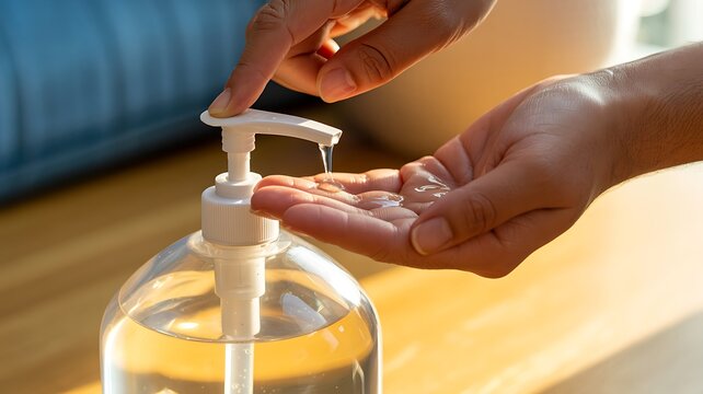 Hands using liquid soap dispenser for hand hygiene and cleanliness
