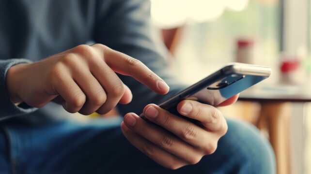A Close Up View Of A Person Using Their Modern Mobile Phone