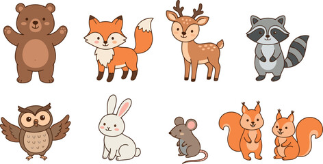 Obraz premium Cute Cartoon Woodland Animals Vector Clipart Collection with Smiling Bear, Fox, Deer, and Raccoon for Kids Nursery Art and Baby Product Surface Designs