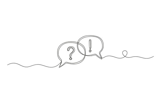 Continuous line art illustration of question and exclamation marks inside speech bubbles with speech bubble
