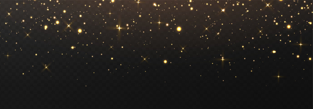 Golden particle frame. Christmas abstract light background. Light bokeh texture. Magic star dust. Snow wave. New Year luxury. Celebration party. Galaxy fantasy. Vector illustration